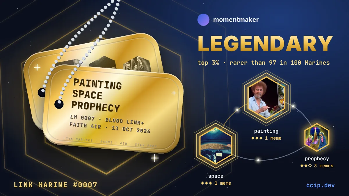 The finished Legendary dog tag card: painting, space, prophecy